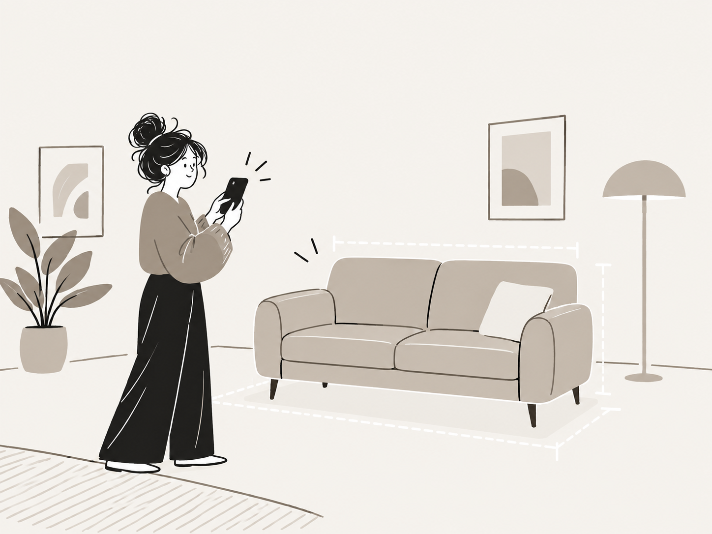 Illustration of a woman viewing a sofa at true size with AR measurements