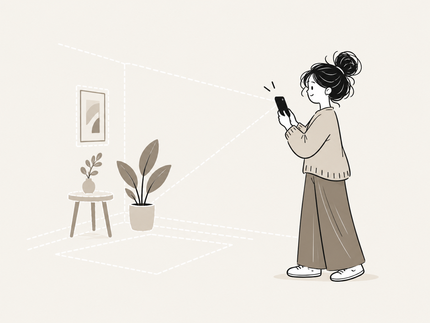 Illustration of a woman scanning her room with her phone