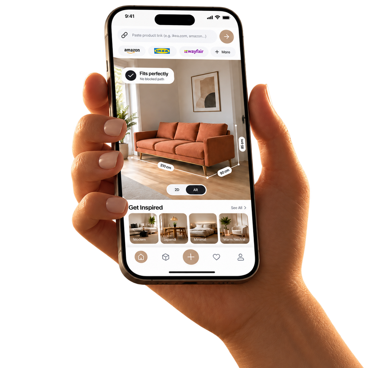 FurniLens app preview showing a sofa placed in a room at true size